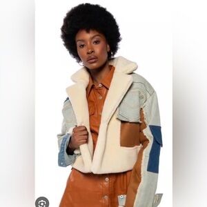 Bida Women’s Vegan Sherpa Patchwork Colorblock Faux Suede Denim Jacket Med NWT